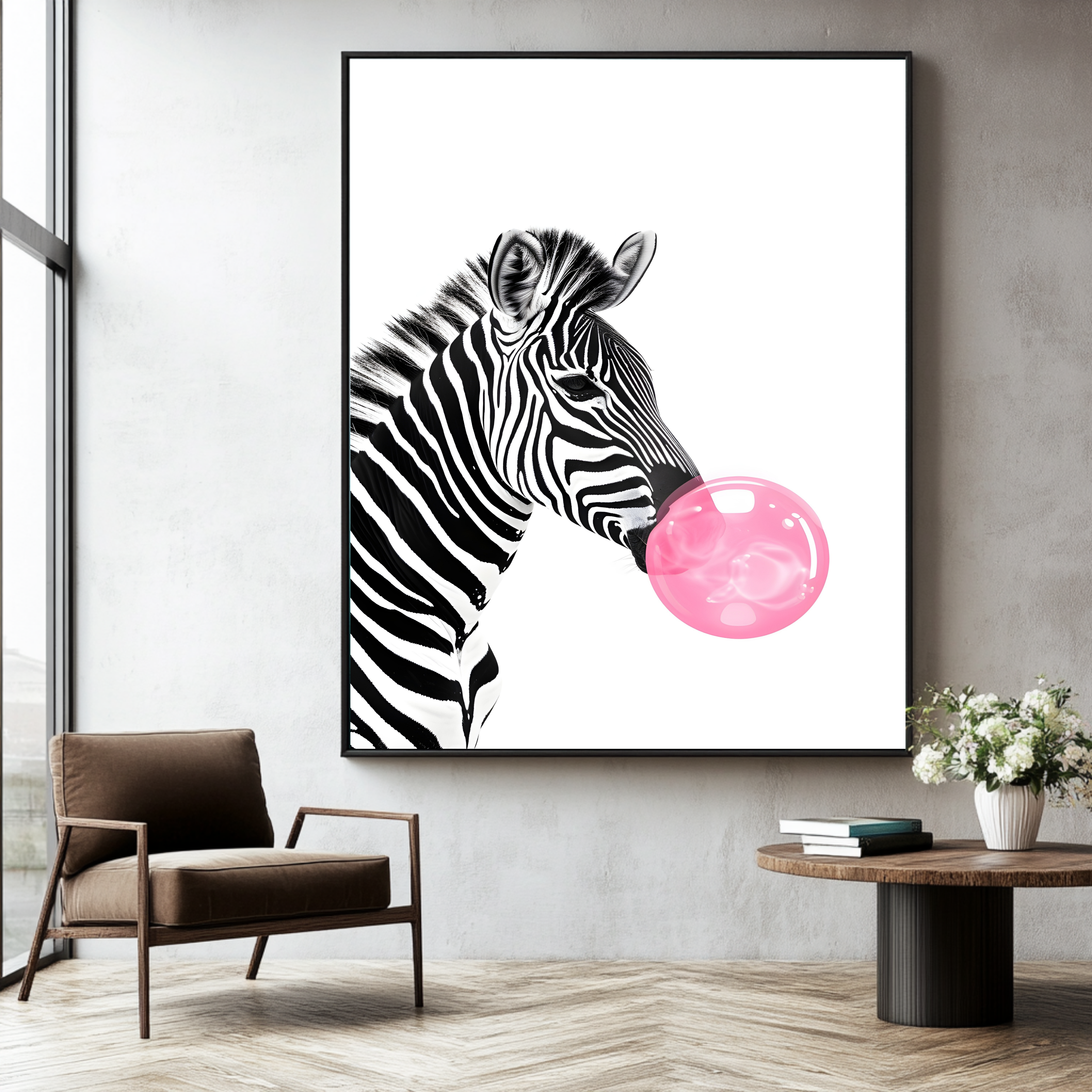 Cebra masticando goma rosa