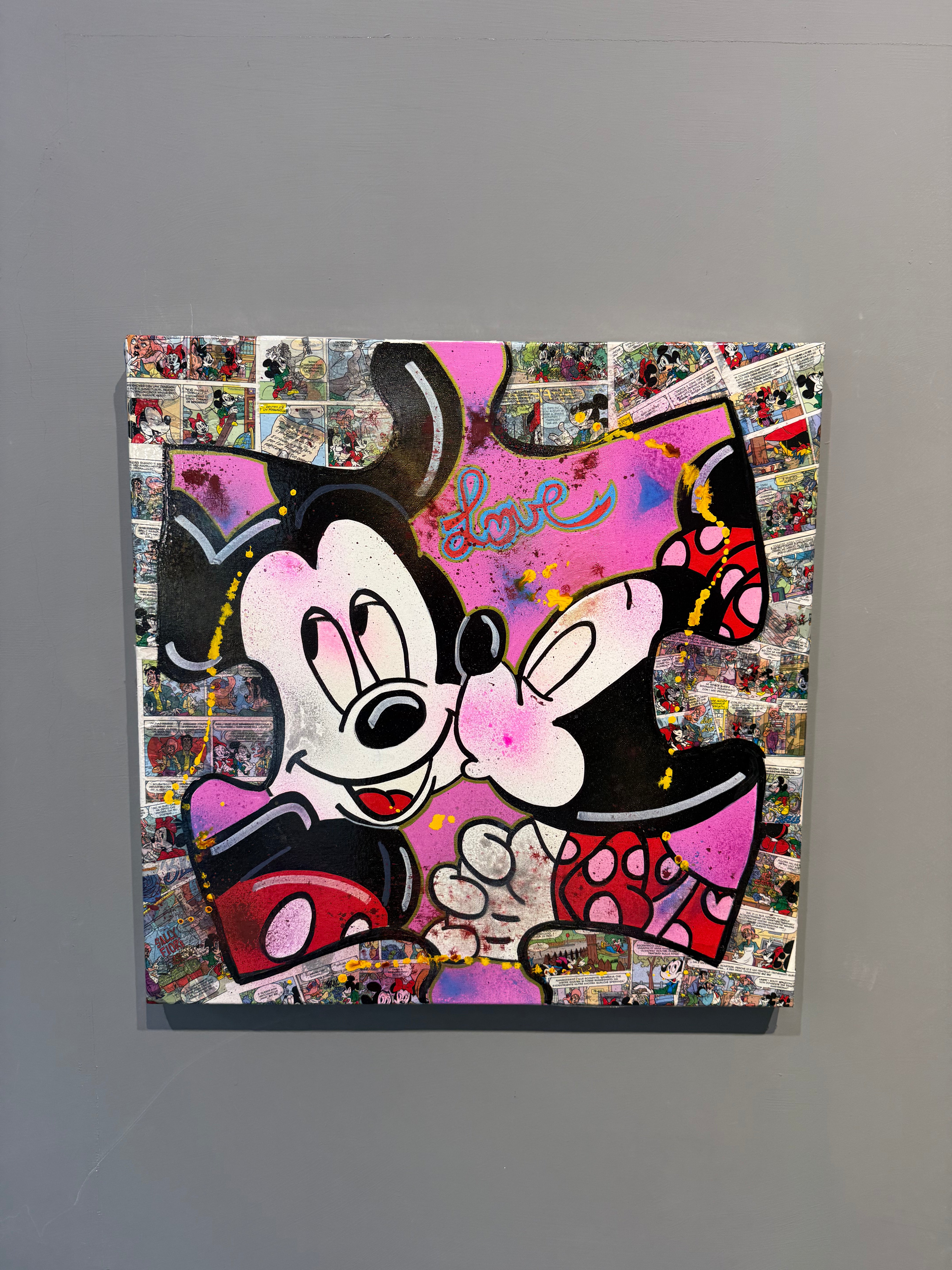 Mickey & Minnie Kiss - Originale, Pezzo UNICO - Dipinto a mano - 60 x 60 cm