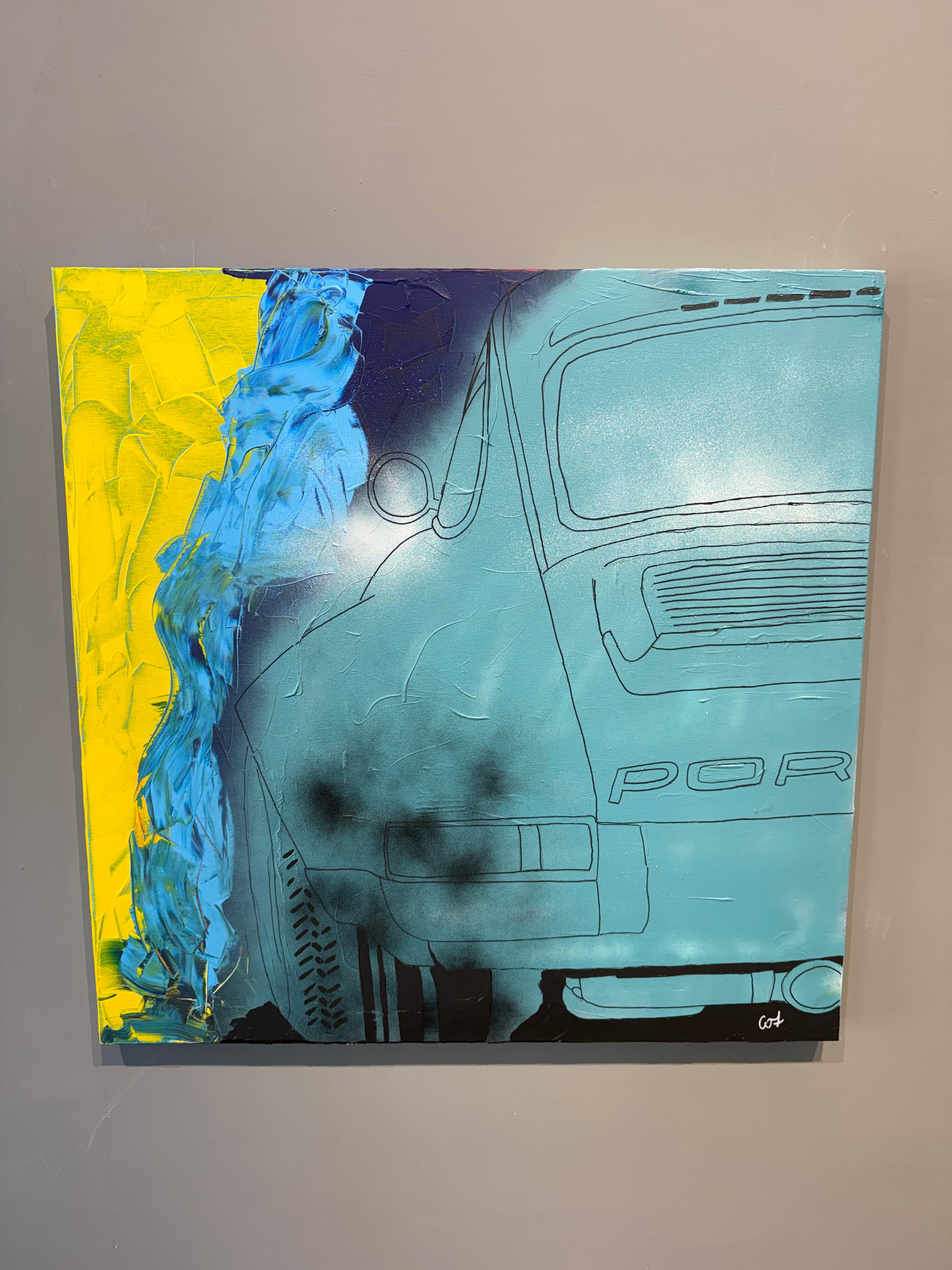 Porsche Vintage Light Blue - Originale, Pezzo UNICO - Dipinto a mano - 70 x 70 cm