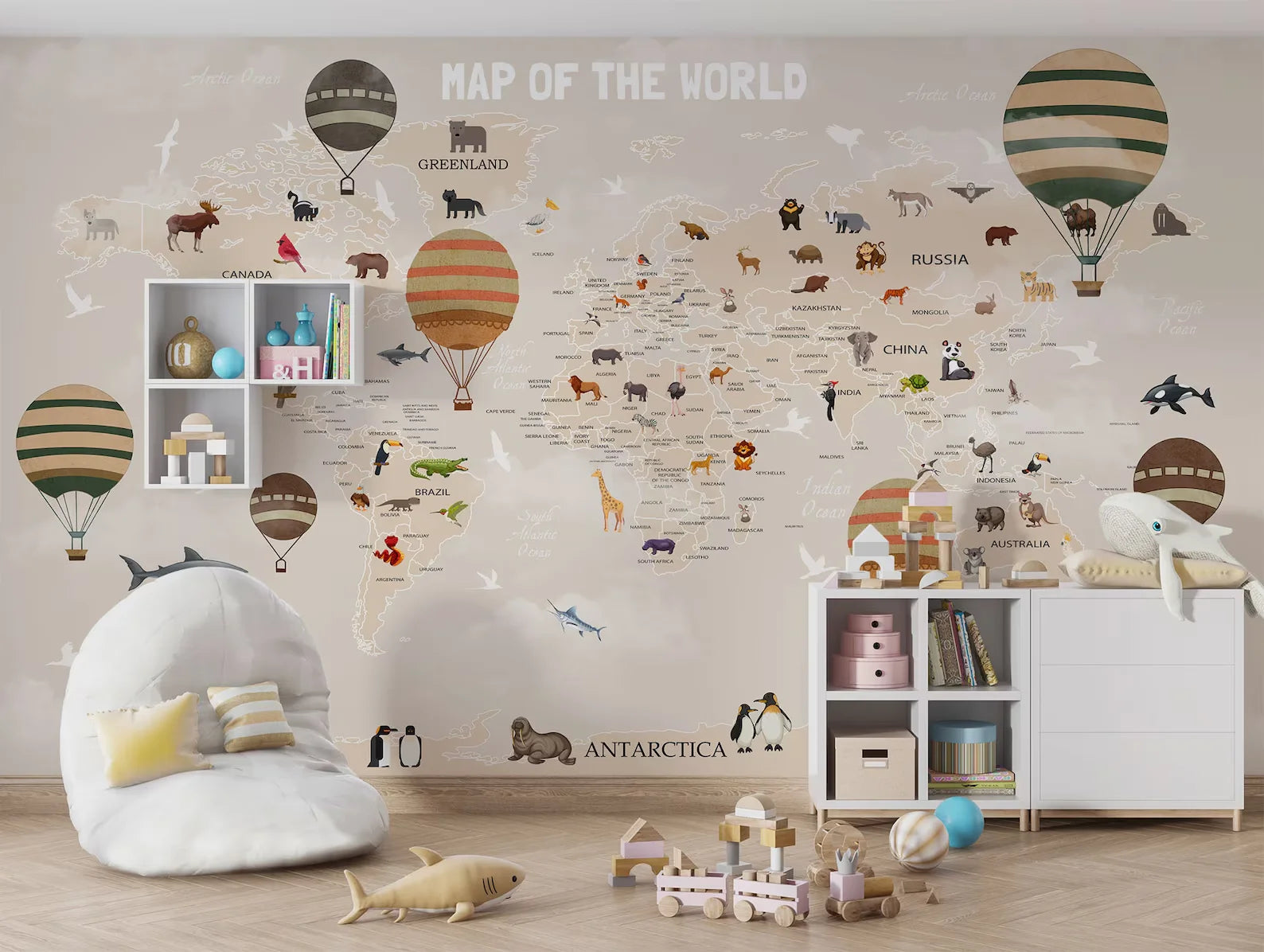 Mappa del Mondo con Animali - Carta da Parati