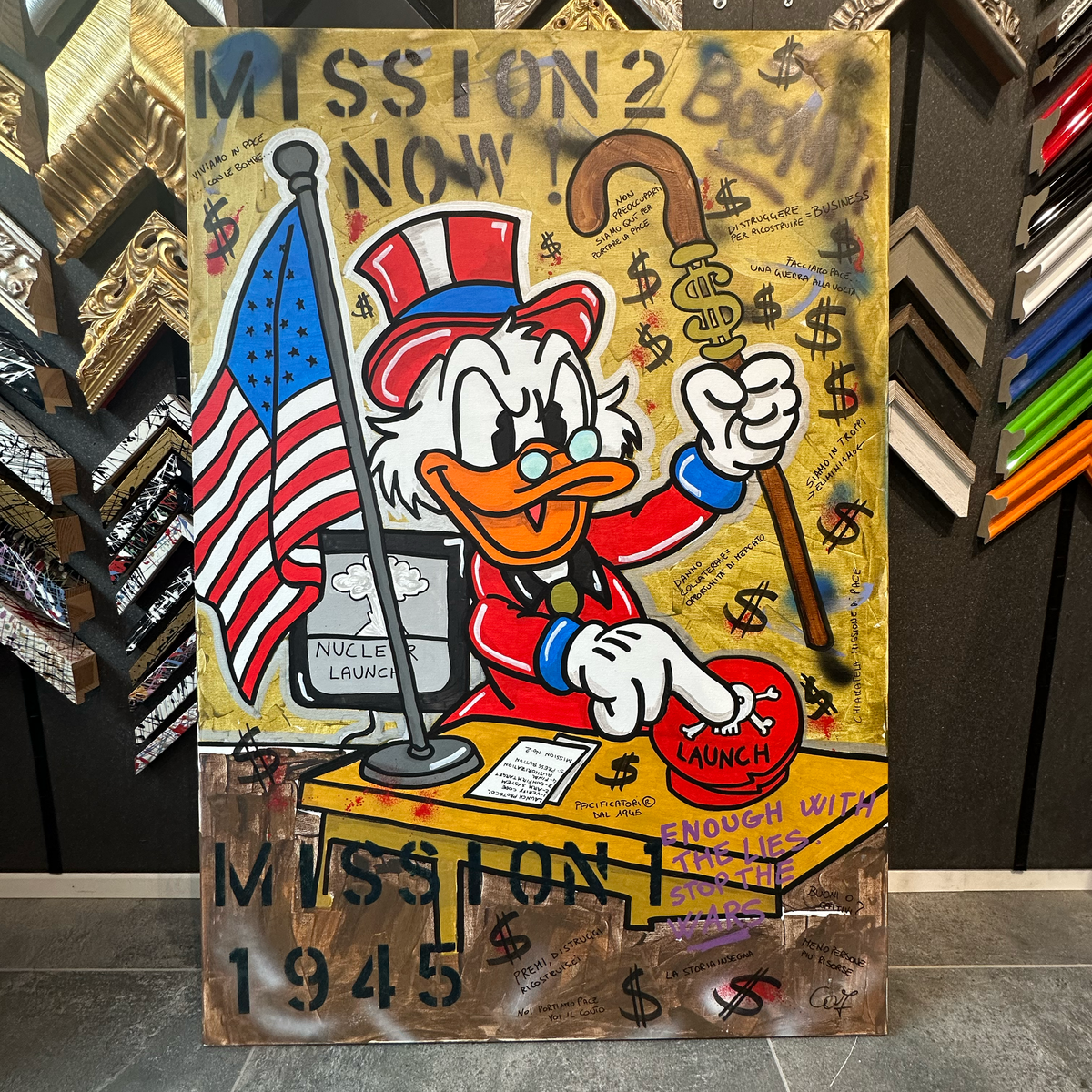 Paperone Mission: Peace & Profit - Originale, Pezzo UNICO - Dipinto a mano - 80 x 120 cm
