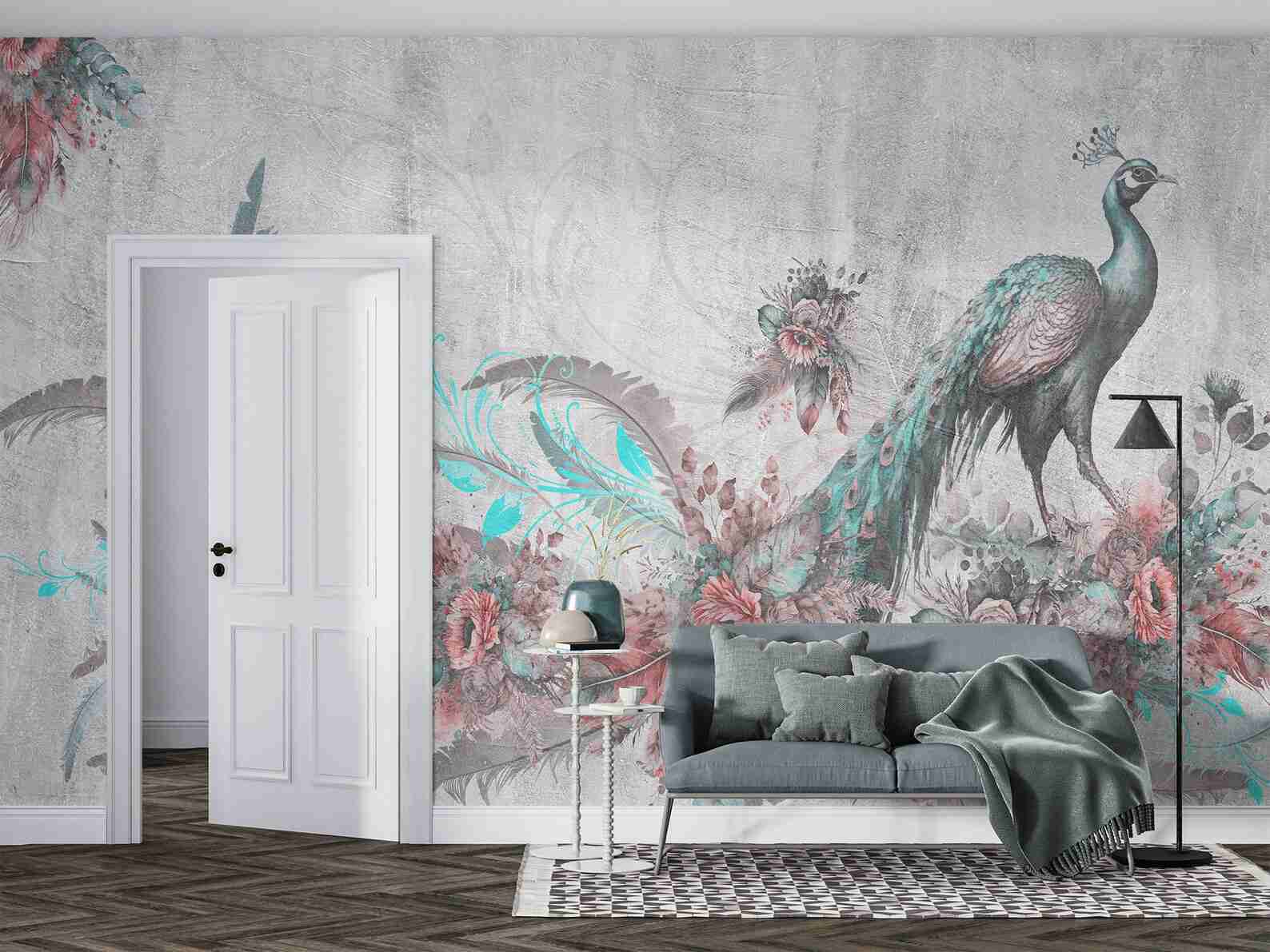 Pavone Rosa e Azzurro - Carta da Parati