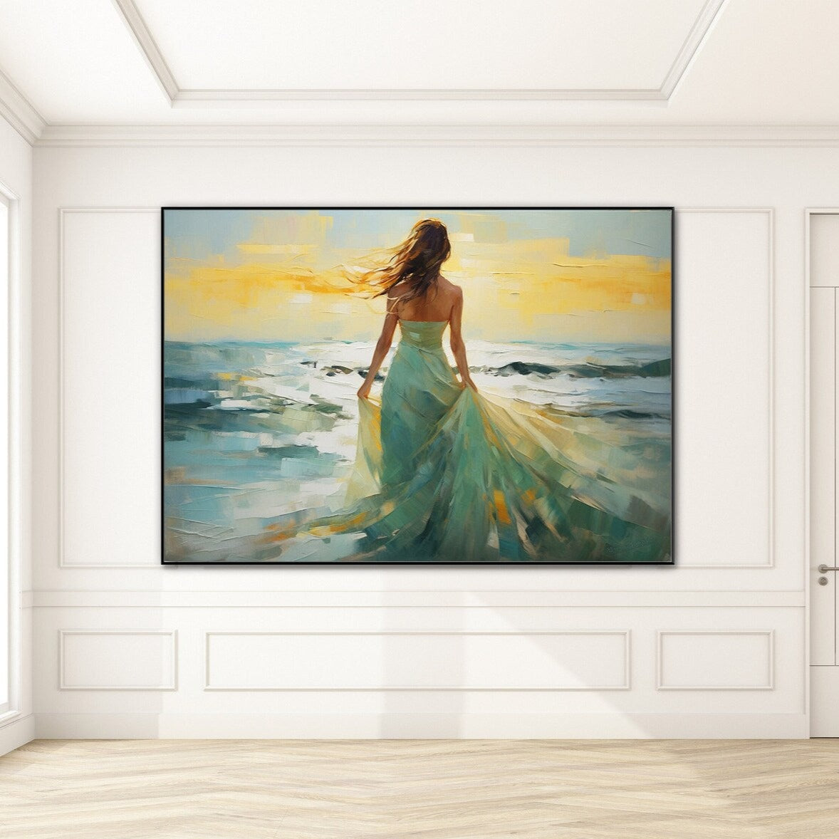 Donna in verde sul mare