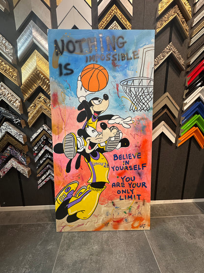 Pippo e Topolino Lakers Star - Originale, Pezzo UNICO - Dipinto a mano - 140 x 70 cm