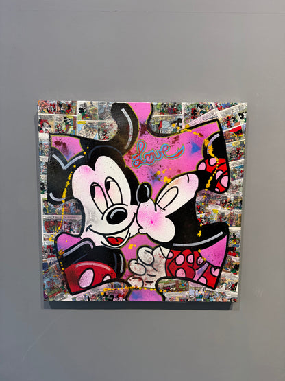 Mickey & Minnie Kiss - Originale, Pezzo UNICO - Dipinto a mano - 60 x 60 cm