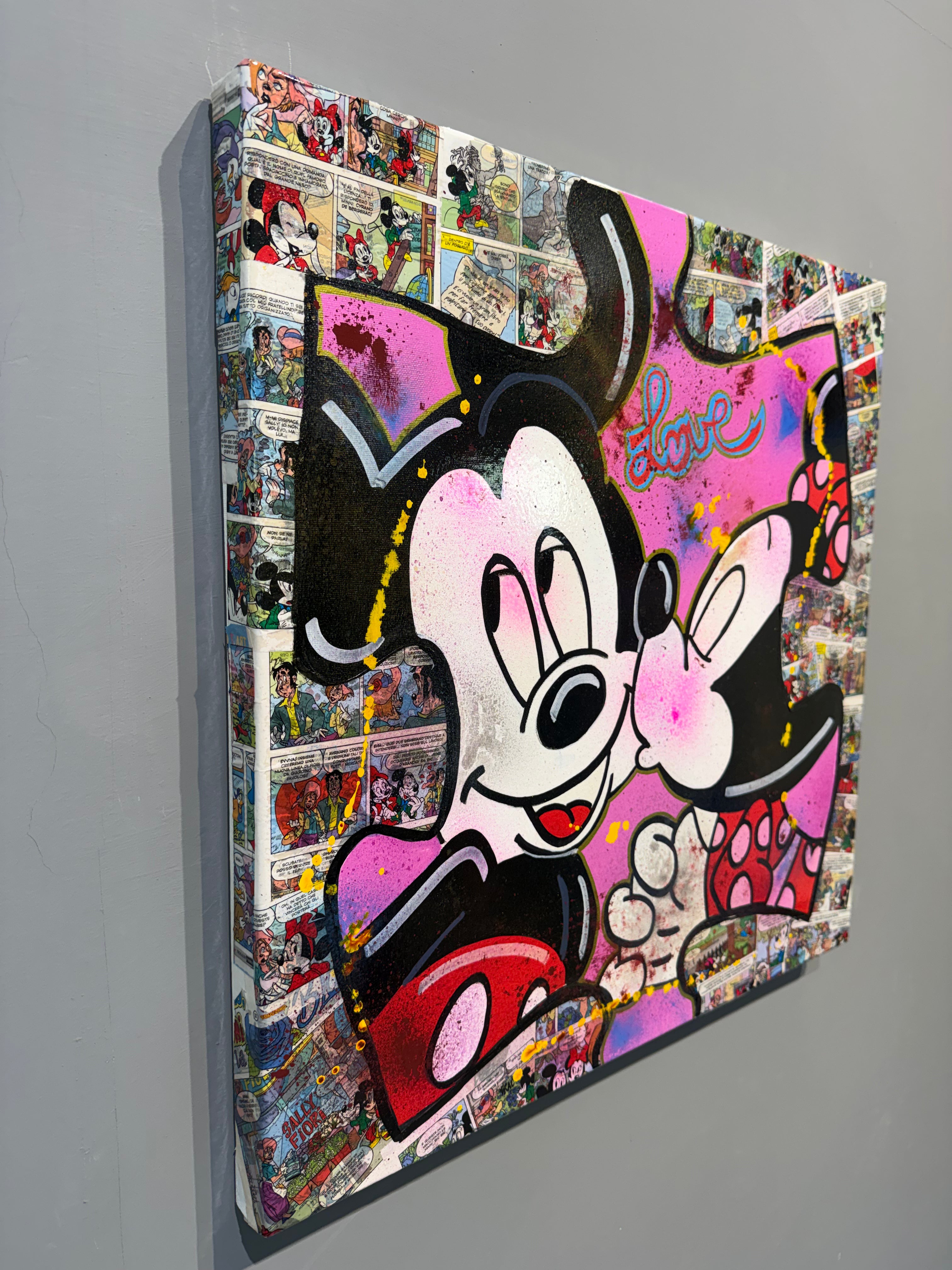 Mickey & Minnie Kiss - Originale, Pezzo UNICO - Dipinto a mano - 60 x 60 cm