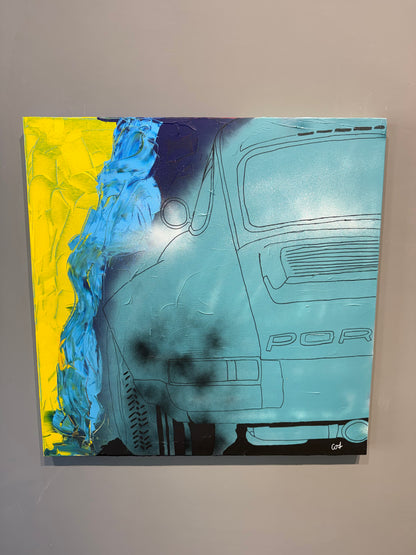 Porsche Vintage Light Blue - Originale, Pezzo UNICO - Dipinto a mano - 70 x 70 cm