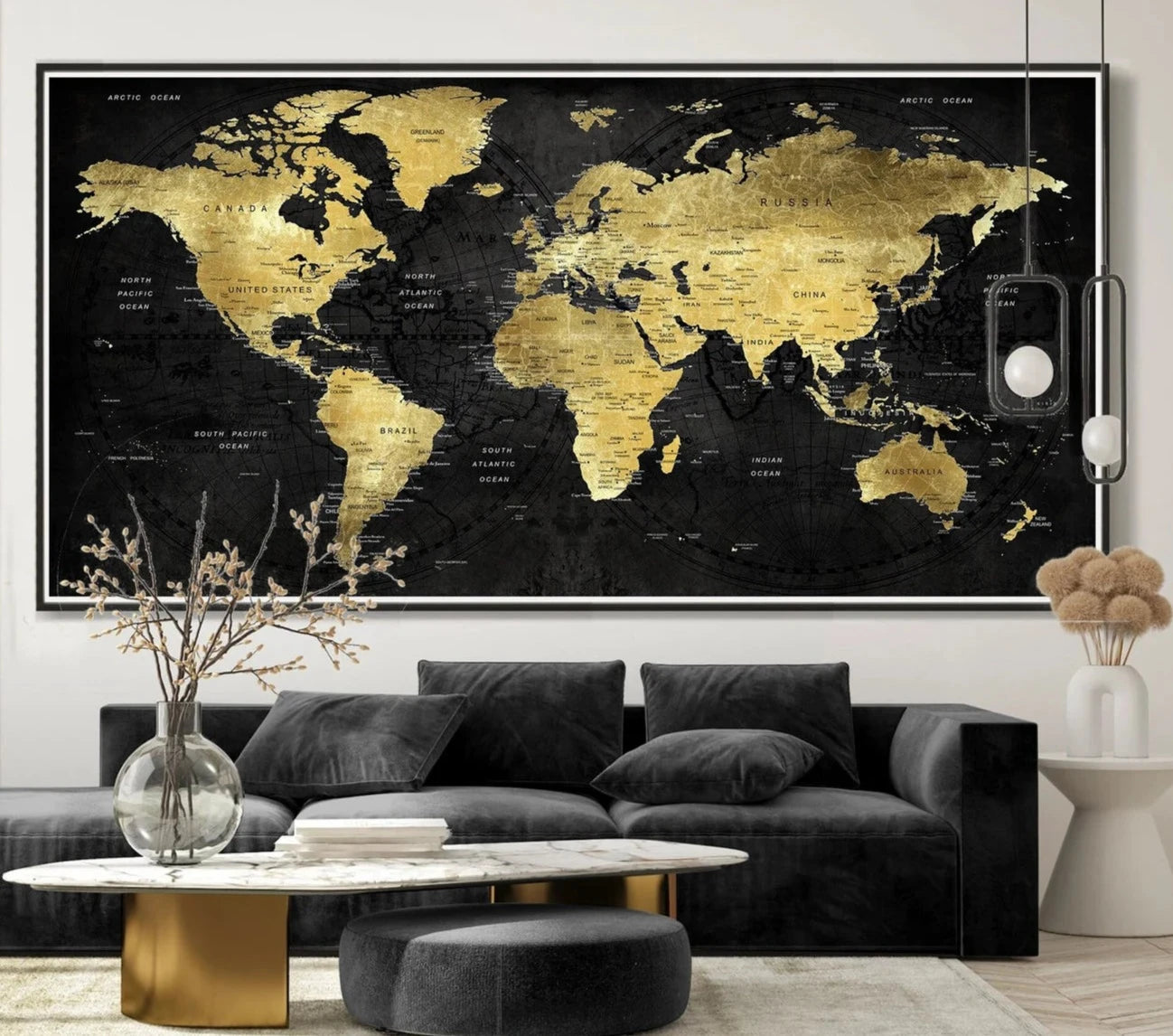 Mappa del mondo oro e nera