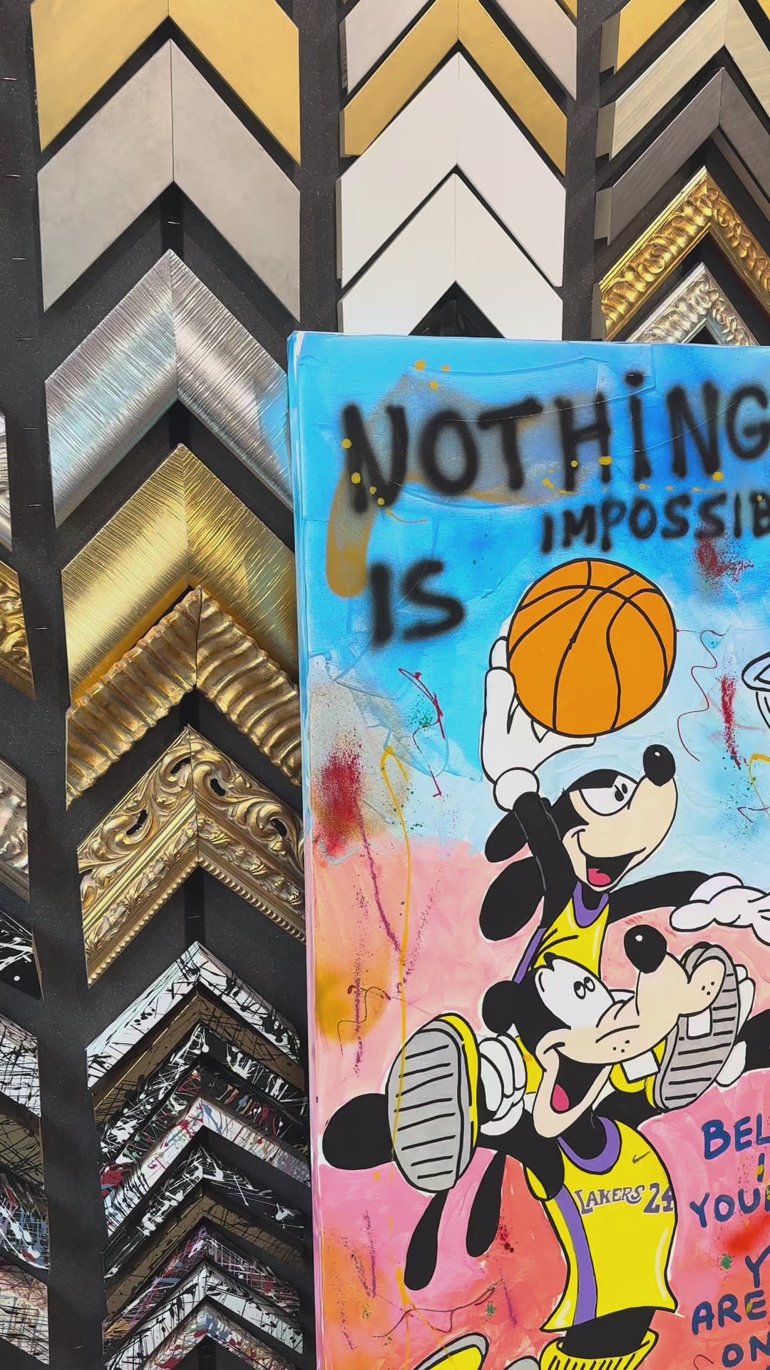 Pippo e Topolino Lakers Star - Originale, Pezzo UNICO - Dipinto a mano - 140 x 70 cm